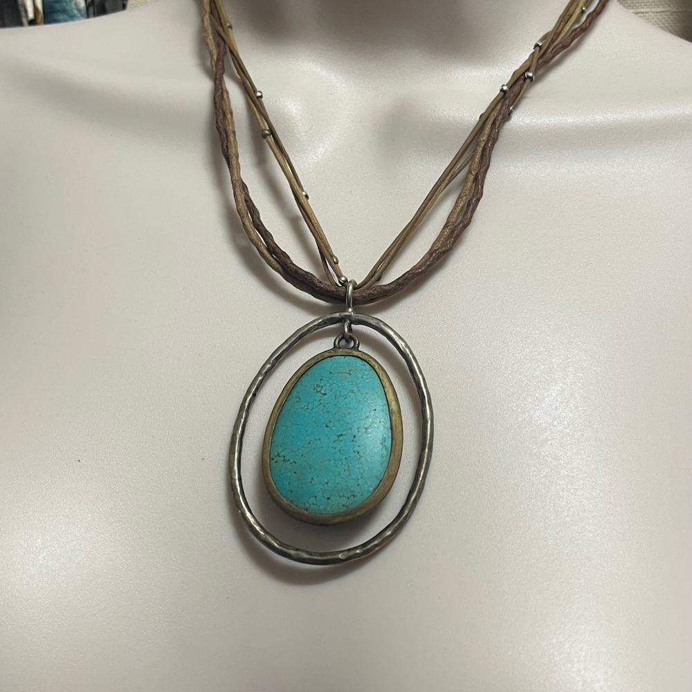 Silpada Howlite Turquoise Pendant Necklace with Brown Cord .925 Silver frame. - Picture 7 of 9